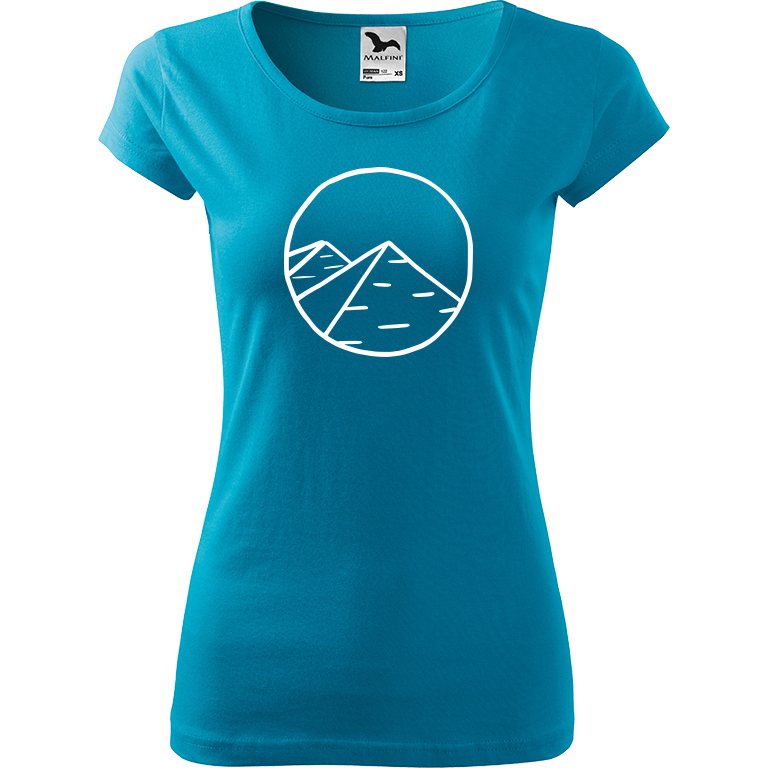 Ručně malované dámské bavlněné tričko - Pyramidy Barva trička: TYRKYSOVÁ, Velikost trička: XS, Barva motivu: BÍLÁ