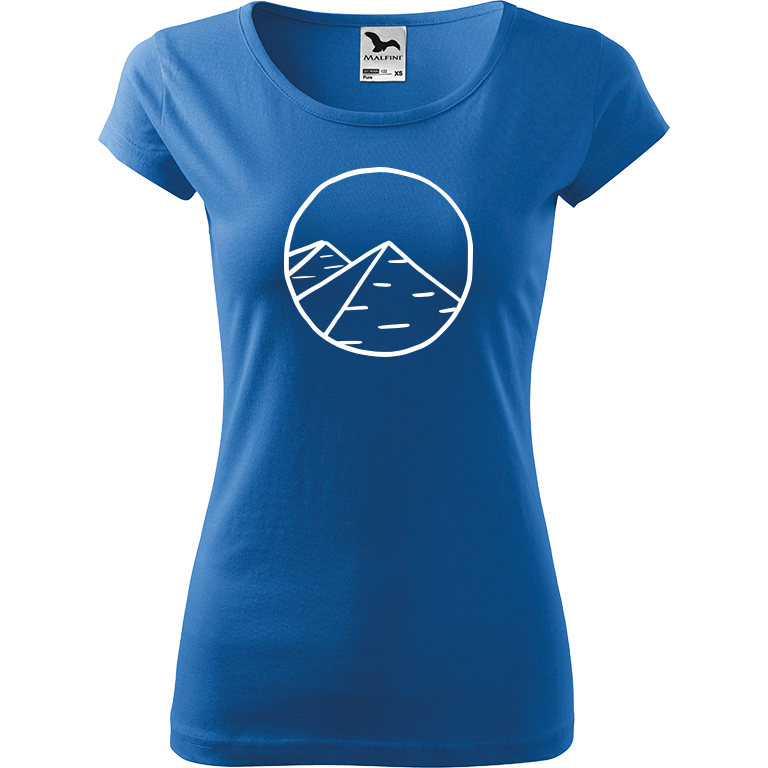 Ručně malované dámské bavlněné tričko - Pyramidy Barva trička: AZUROVÁ, Velikost trička: XS, Barva motivu: BÍLÁ