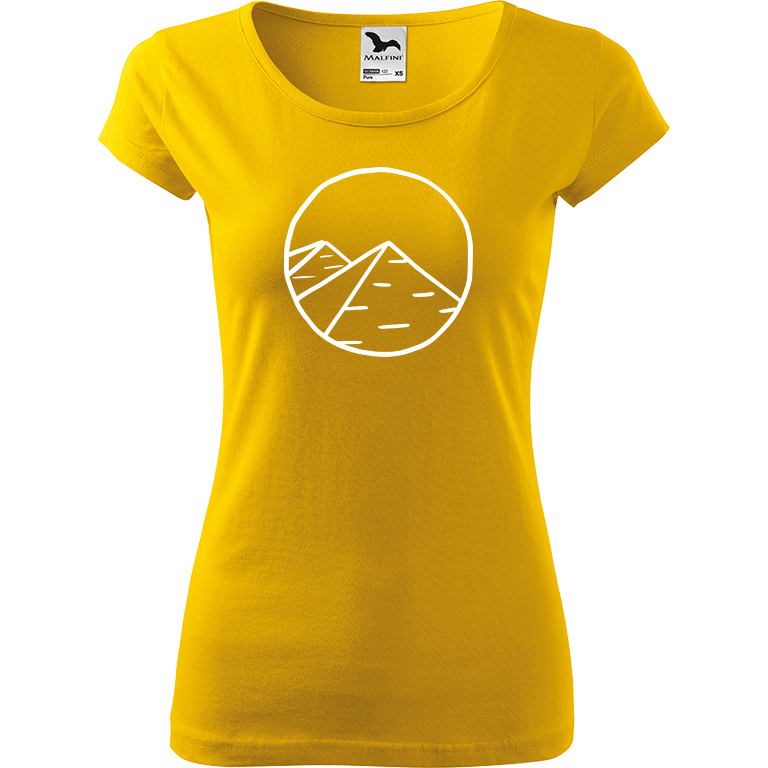 Ručně malované dámské bavlněné tričko - Pyramidy Barva trička: ŽLUTÁ, Velikost trička: M, Barva motivu: BÍLÁ