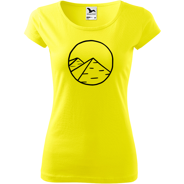 Ručně malované dámské bavlněné tričko - Pyramidy Barva trička: CITRONOVÁ, Velikost trička: M, Barva motivu: ČERNÁ