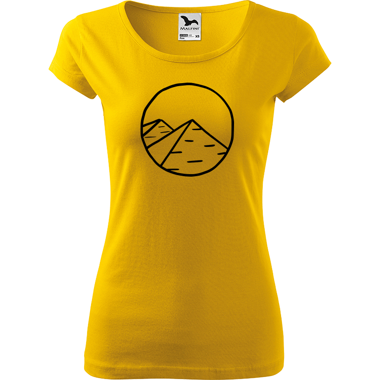 Ručně malované dámské bavlněné tričko - Pyramidy Barva trička: ŽLUTÁ, Velikost trička: L, Barva motivu: ČERNÁ