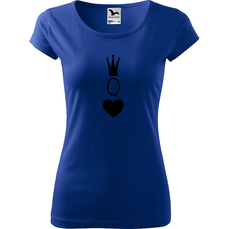 Ručně malované dámské bavlněné tričko - Queen Barva trička: MODRÁ, Velikost trička: XL, Barva motivu: ČERNÁ