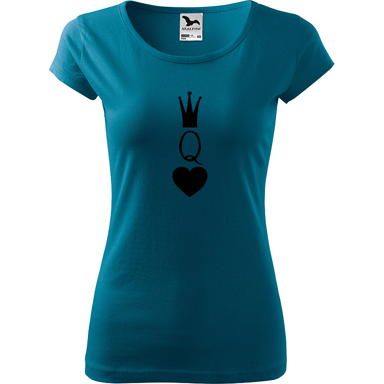 Ručně malované dámské bavlněné tričko - Queen Barva trička: PETROLEJOVÁ, Velikost trička: XL, Barva motivu: ČERNÁ