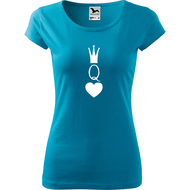 Ručně malované dámské bavlněné tričko - Queen Barva trička: TYRKYSOVÁ, Velikost trička: XXL, Barva motivu: BÍLÁ