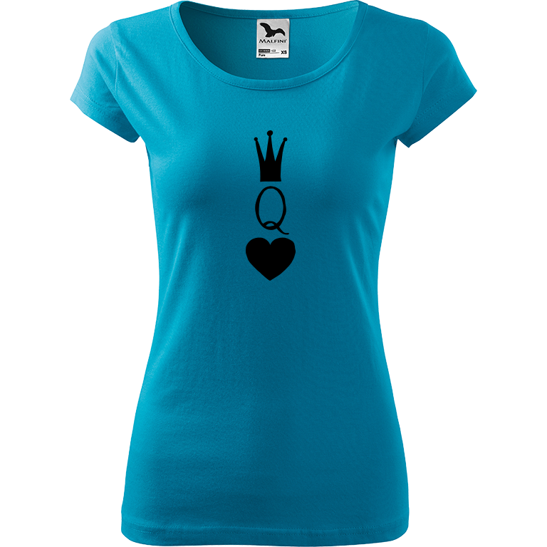 Ručně malované dámské bavlněné tričko - Queen Barva trička: TYRKYSOVÁ, Velikost trička: XXL, Barva motivu: ČERNÁ