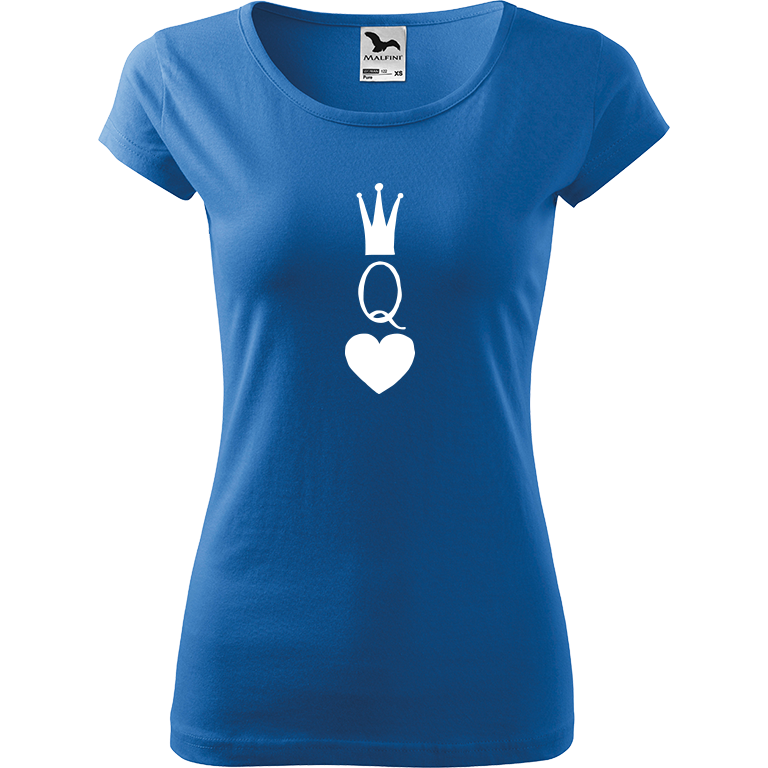 Ručně malované dámské bavlněné tričko - Queen Barva trička: AZUROVÁ, Velikost trička: XL, Barva motivu: BÍLÁ