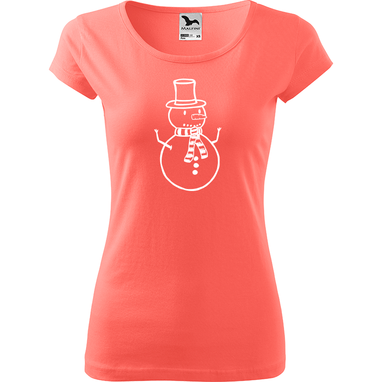 Ručně malované dámské bavlněné tričko - Sněhulák Barva trička: KORÁLOVÁ, Velikost trička: L, Barva motivu: BÍLÁ