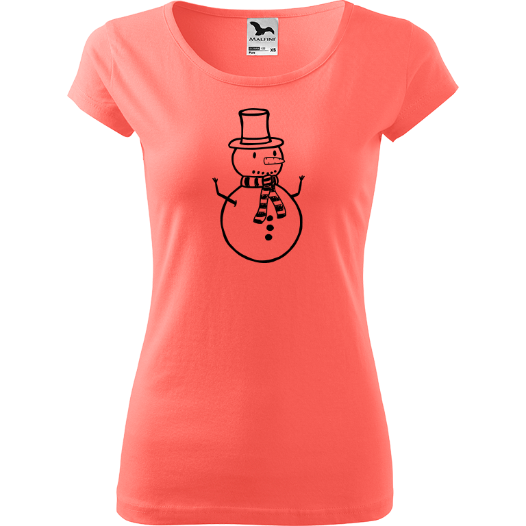 Ručně malované dámské bavlněné tričko - Sněhulák Barva trička: KORÁLOVÁ, Velikost trička: XL, Barva motivu: ČERNÁ