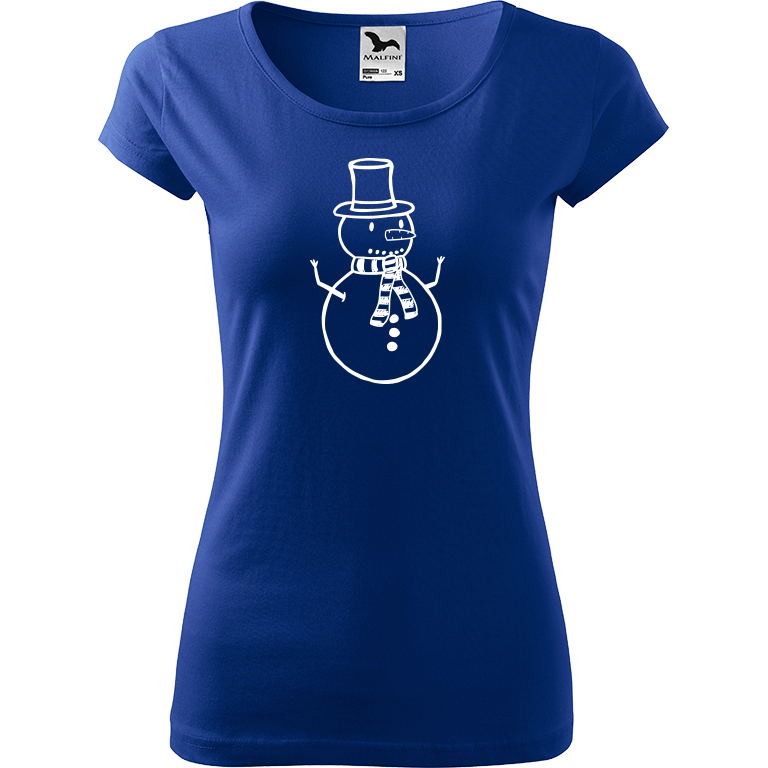 Ručně malované dámské bavlněné tričko - Sněhulák Barva trička: MODRÁ, Velikost trička: XS, Barva motivu: BÍLÁ