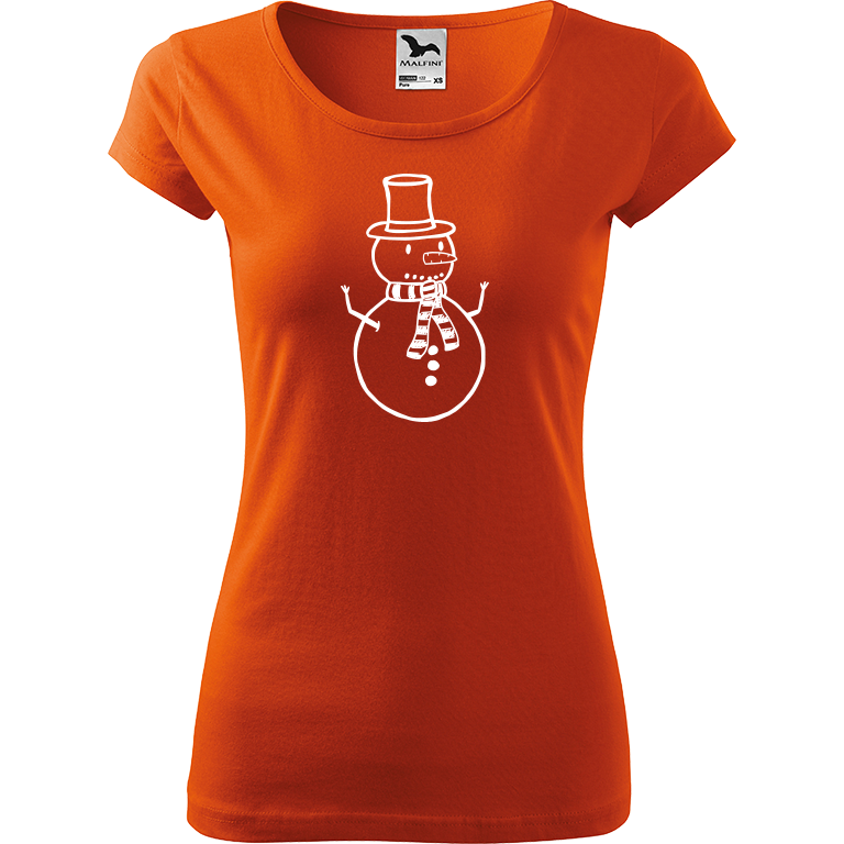 Ručně malované dámské bavlněné tričko - Sněhulák Barva trička: ORANŽOVÁ, Velikost trička: S, Barva motivu: BÍLÁ