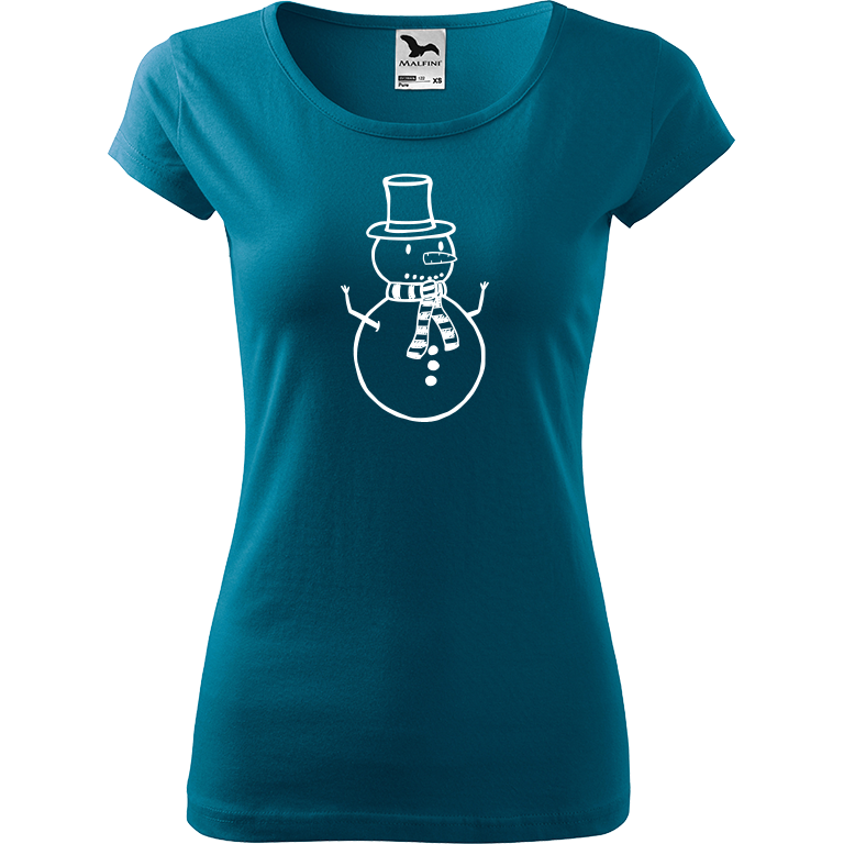Ručně malované dámské bavlněné tričko - Sněhulák Barva trička: PETROLEJOVÁ, Velikost trička: L, Barva motivu: BÍLÁ