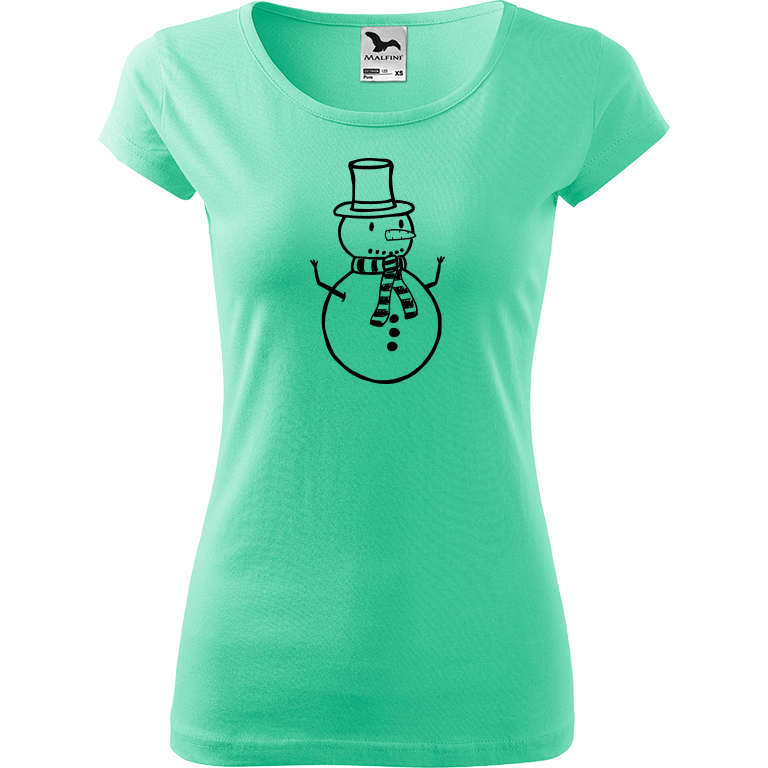 Ručně malované dámské bavlněné tričko - Sněhulák Barva trička: MÁTOVÁ, Velikost trička: M, Barva motivu: ČERNÁ