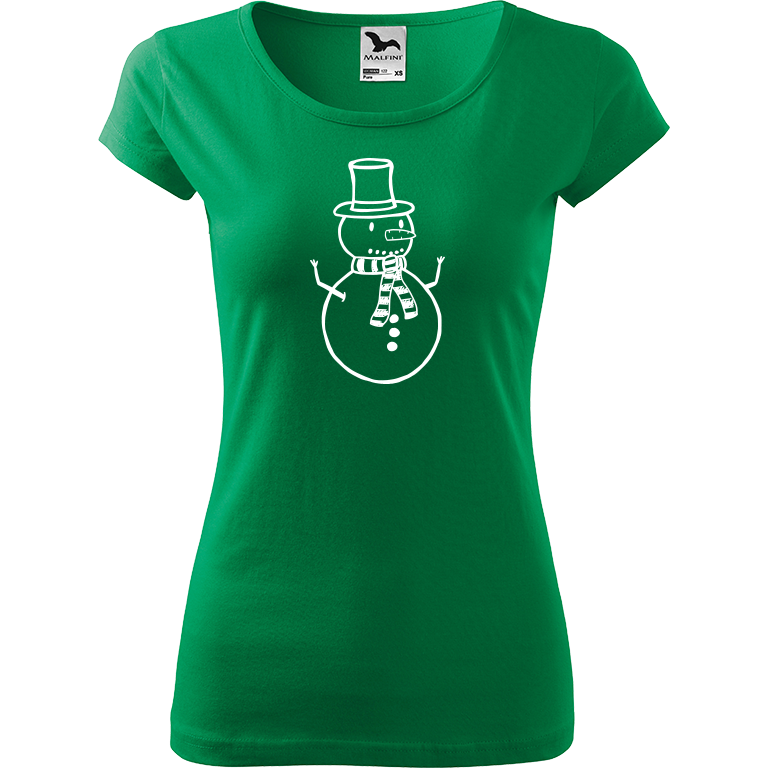 Ručně malované dámské bavlněné tričko - Sněhulák Barva trička: STŘEDNĚ ZELENÁ, Velikost trička: XL, Barva motivu: BÍLÁ