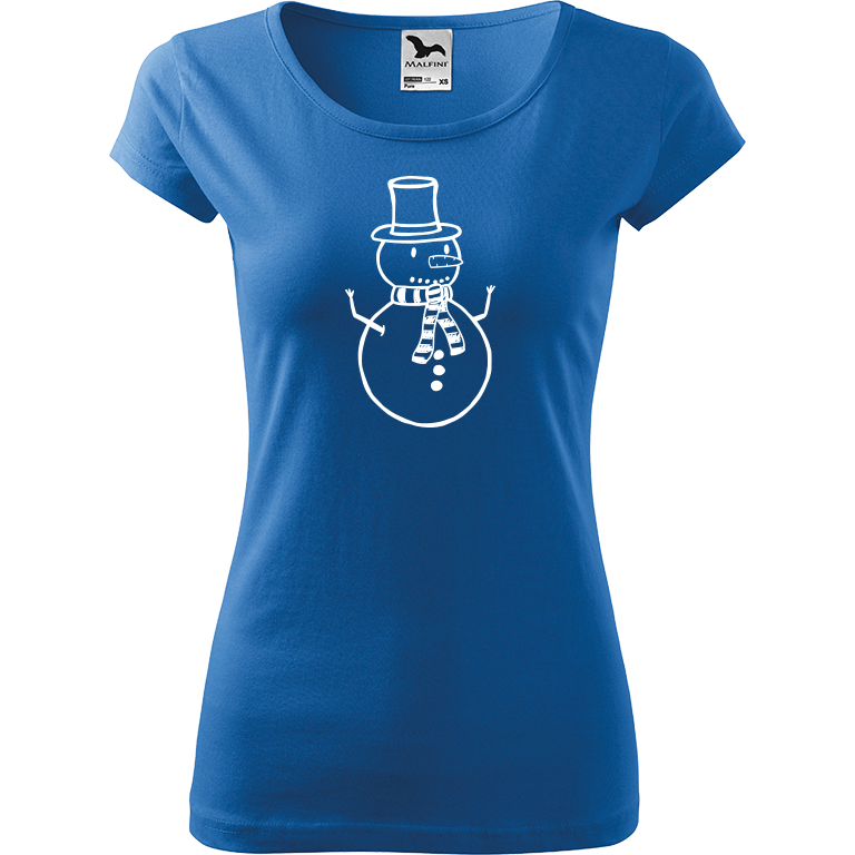 Ručně malované dámské bavlněné tričko - Sněhulák Barva trička: AZUROVÁ, Velikost trička: L, Barva motivu: BÍLÁ