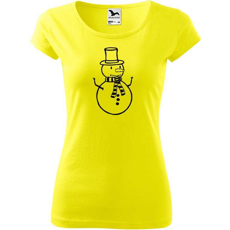 Ručně malované dámské bavlněné tričko - Sněhulák Barva trička: CITRONOVÁ, Velikost trička: L, Barva motivu: ČERNÁ