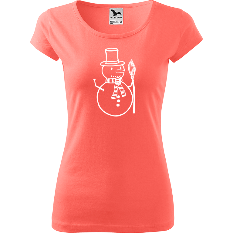 Ručně malované dámské bavlněné tričko - Sněhulák - S koštětem Barva trička: KORÁLOVÁ, Velikost trička: S, Barva motivu: BÍLÁ