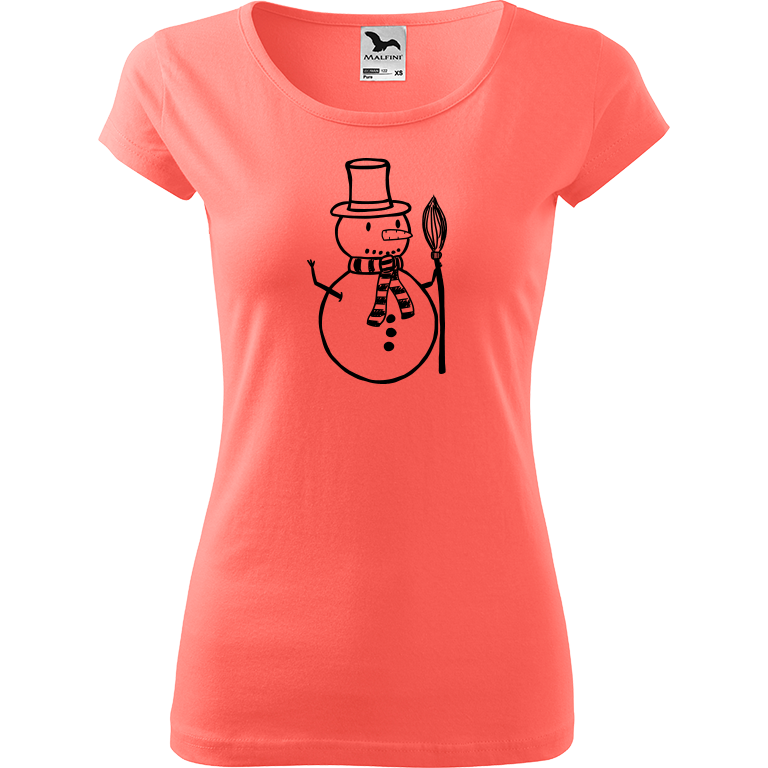 Ručně malované dámské bavlněné tričko - Sněhulák - S koštětem Barva trička: KORÁLOVÁ, Velikost trička: S, Barva motivu: ČERNÁ