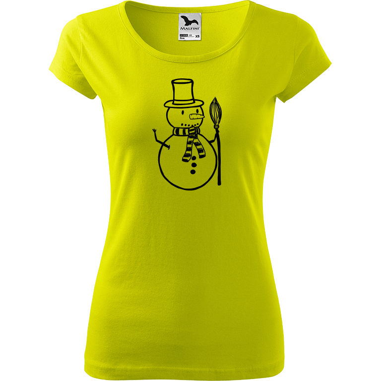 Ručně malované dámské bavlněné tričko - Sněhulák - S koštětem Barva trička: LIMETKOVÁ, Velikost trička: L, Barva motivu: ČERNÁ
