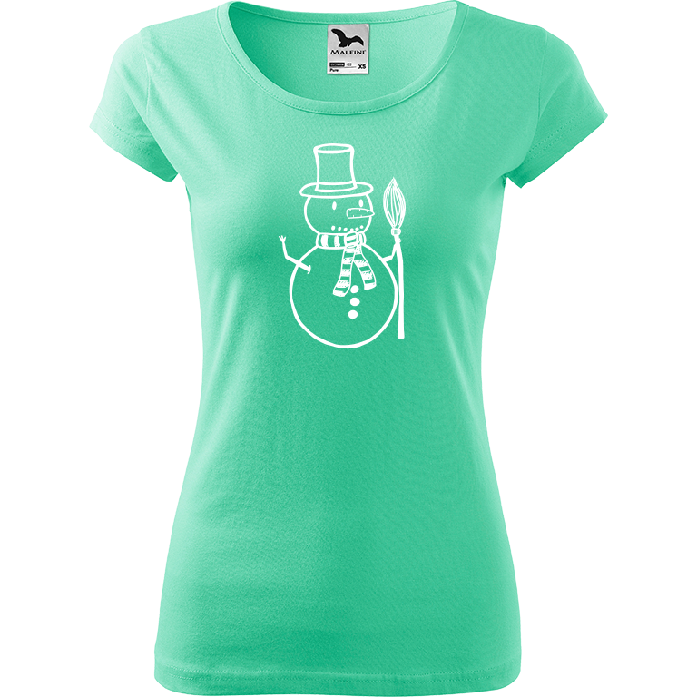 Ručně malované dámské bavlněné tričko - Sněhulák - S koštětem Barva trička: MÁTOVÁ, Velikost trička: XS, Barva motivu: BÍLÁ