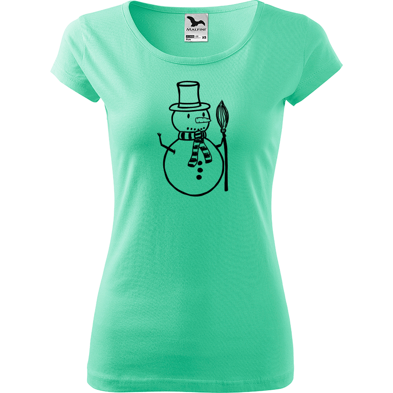 Ručně malované dámské bavlněné tričko - Sněhulák - S koštětem Barva trička: MÁTOVÁ, Velikost trička: XL, Barva motivu: ČERNÁ