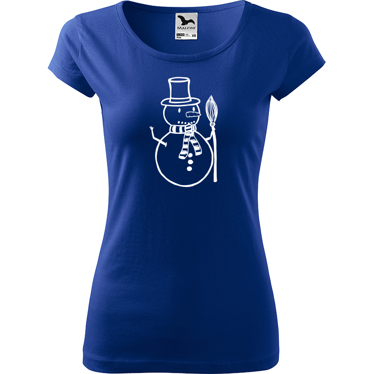 Ručně malované dámské bavlněné tričko - Sněhulák - S koštětem Barva trička: MODRÁ, Velikost trička: XL, Barva motivu: BÍLÁ