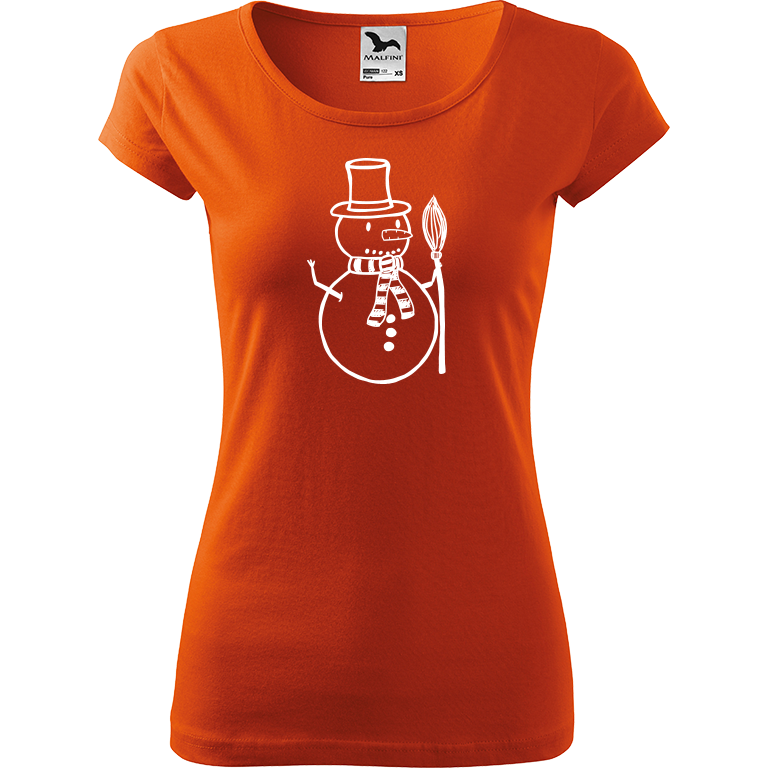 Ručně malované dámské bavlněné tričko - Sněhulák - S koštětem Barva trička: ORANŽOVÁ, Velikost trička: XS, Barva motivu: BÍLÁ