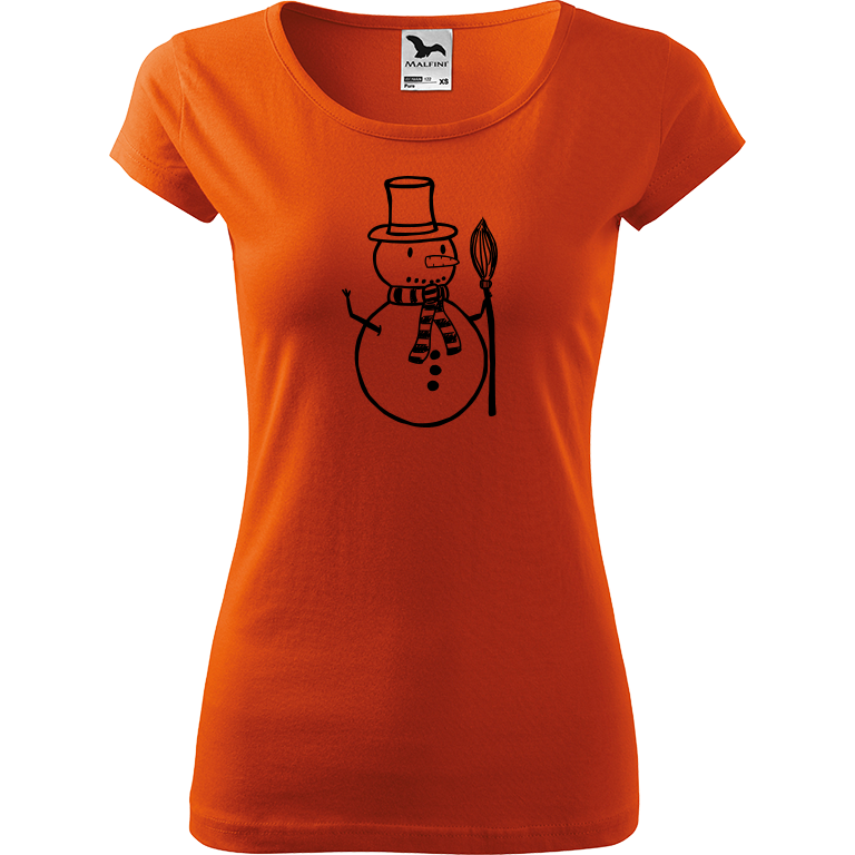 Ručně malované dámské bavlněné tričko - Sněhulák - S koštětem Barva trička: ORANŽOVÁ, Velikost trička: L, Barva motivu: ČERNÁ
