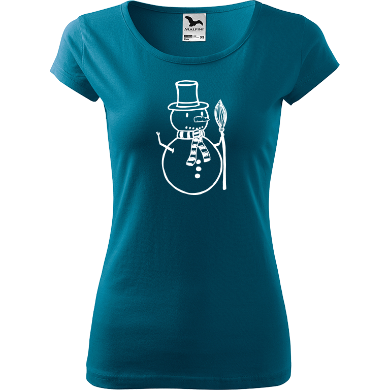Ručně malované dámské bavlněné tričko - Sněhulák - S koštětem Barva trička: PETROLEJOVÁ, Velikost trička: M, Barva motivu: BÍLÁ