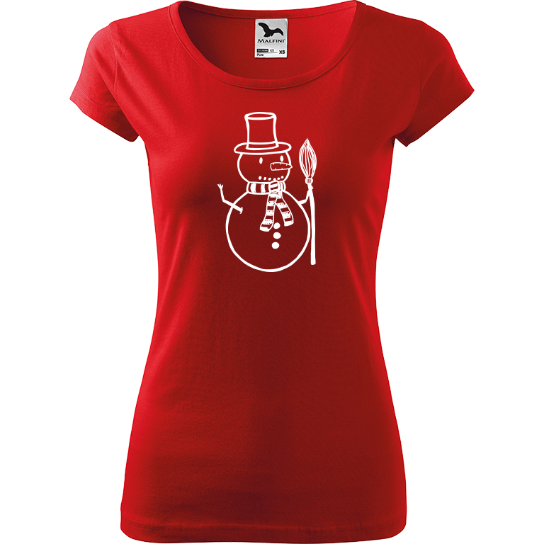 Ručně malované dámské bavlněné tričko - Sněhulák - S koštětem Barva trička: ČERVENÁ, Velikost trička: L, Barva motivu: BÍLÁ