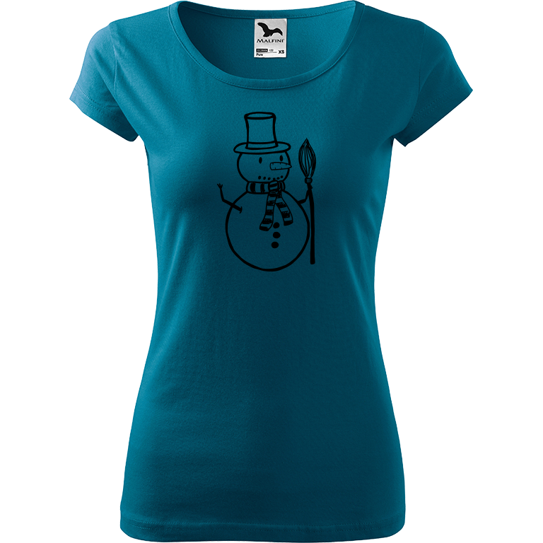 Ručně malované dámské bavlněné tričko - Sněhulák - S koštětem Barva trička: PETROLEJOVÁ, Velikost trička: L, Barva motivu: ČERNÁ