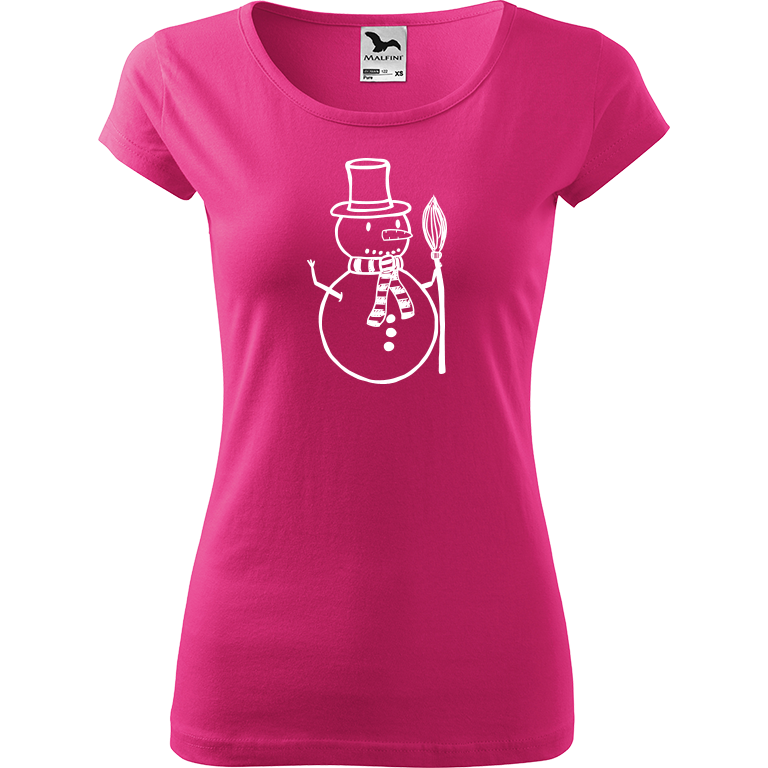 Ručně malované dámské bavlněné tričko - Sněhulák - S koštětem Barva trička: RŮŽOVÁ, Velikost trička: XL, Barva motivu: BÍLÁ
