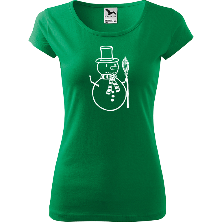 Ručně malované dámské bavlněné tričko - Sněhulák - S koštětem Barva trička: STŘEDNĚ ZELENÁ, Velikost trička: M, Barva motivu: BÍLÁ