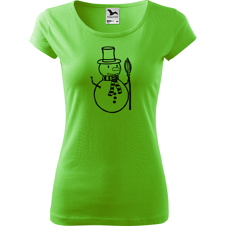 Ručně malované dámské bavlněné tričko - Sněhulák - S koštětem Barva trička: SVĚTLE ZELENÁ, Velikost trička: L, Barva motivu: ČERNÁ