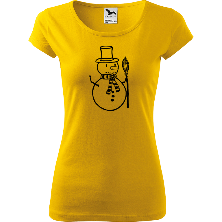 Ručně malované dámské bavlněné tričko - Sněhulák - S koštětem Barva trička: ŽLUTÁ, Velikost trička: S, Barva motivu: ČERNÁ