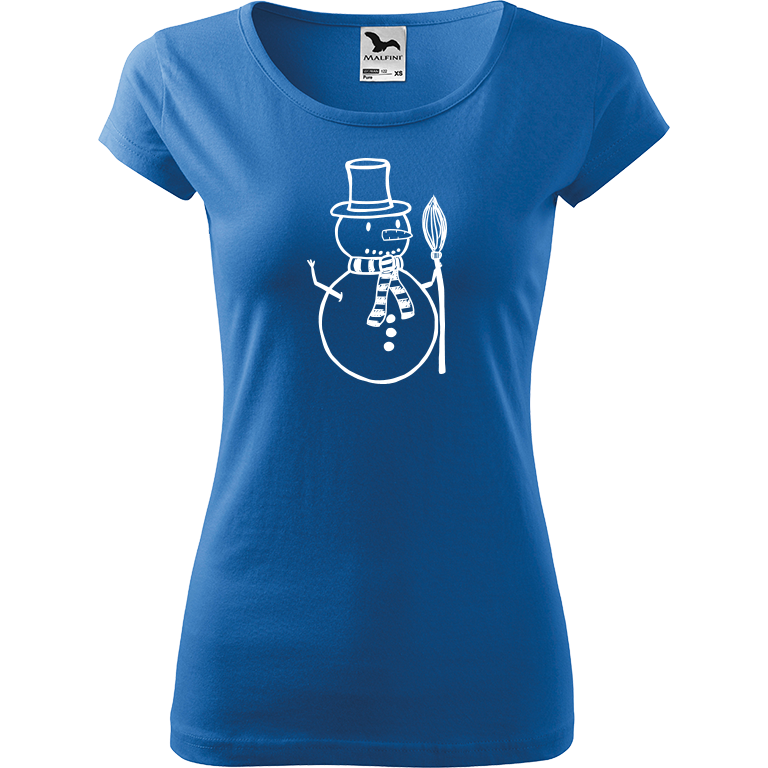 Ručně malované dámské bavlněné tričko - Sněhulák - S koštětem Barva trička: AZUROVÁ, Velikost trička: XS, Barva motivu: BÍLÁ