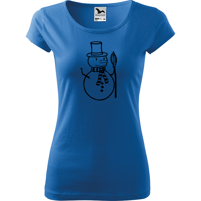 Ručně malované dámské bavlněné tričko - Sněhulák - S koštětem Barva trička: AZUROVÁ, Velikost trička: L, Barva motivu: ČERNÁ