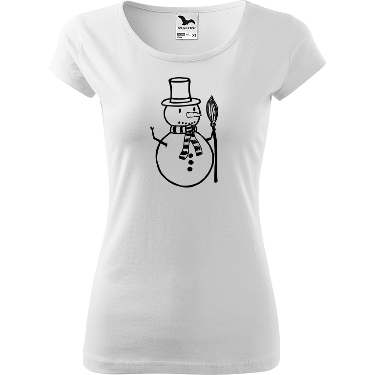 Ručně malované dámské bavlněné tričko - Sněhulák - S koštětem Barva trička: BÍLÁ, Velikost trička: XS, Barva motivu: ČERNÁ