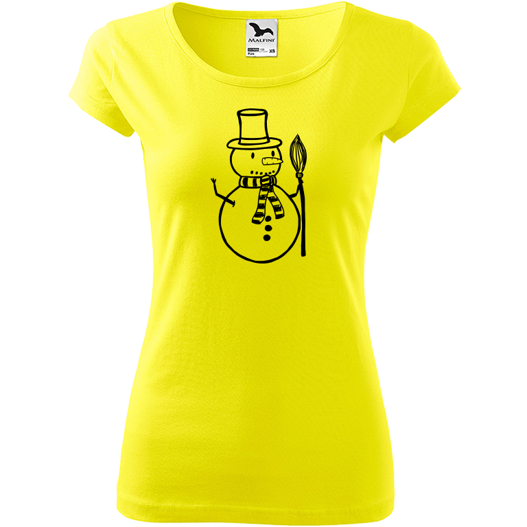 Ručně malované dámské bavlněné tričko - Sněhulák - S koštětem Barva trička: CITRONOVÁ, Velikost trička: S, Barva motivu: ČERNÁ