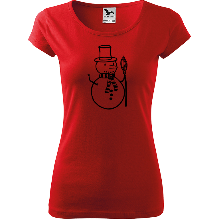 Ručně malované dámské bavlněné tričko - Sněhulák - S koštětem Barva trička: ČERVENÁ, Velikost trička: XXL, Barva motivu: ČERNÁ
