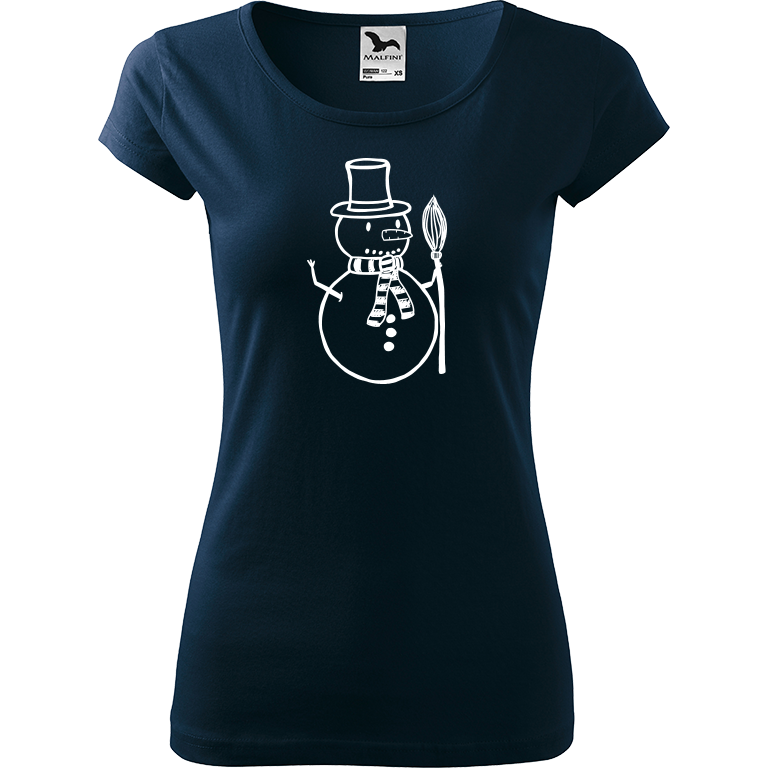 Ručně malované dámské bavlněné tričko - Sněhulák - S koštětem Barva trička: NÁMOŘNICKÁ MODRÁ, Velikost trička: S, Barva motivu: BÍLÁ