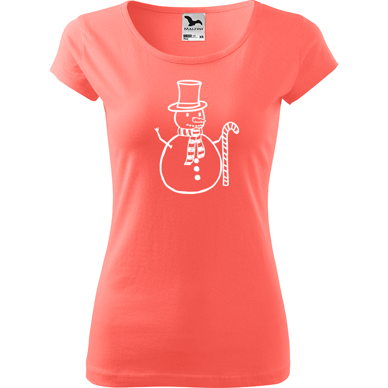 Ručně malované dámské bavlněné tričko - Sněhulák - S ozdobou Barva trička: KORÁLOVÁ, Velikost trička: XS, Barva motivu: BÍLÁ
