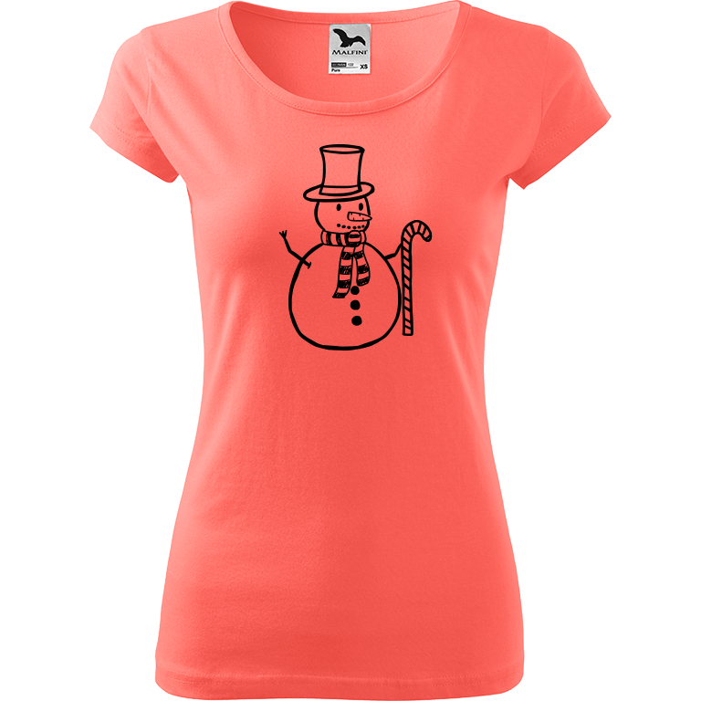Ručně malované dámské bavlněné tričko - Sněhulák - S ozdobou Barva trička: KORÁLOVÁ, Velikost trička: S, Barva motivu: ČERNÁ
