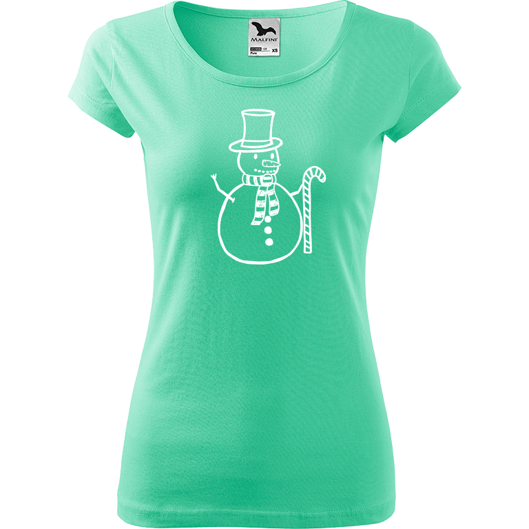 Ručně malované dámské bavlněné tričko - Sněhulák - S ozdobou Barva trička: MÁTOVÁ, Velikost trička: XL, Barva motivu: BÍLÁ