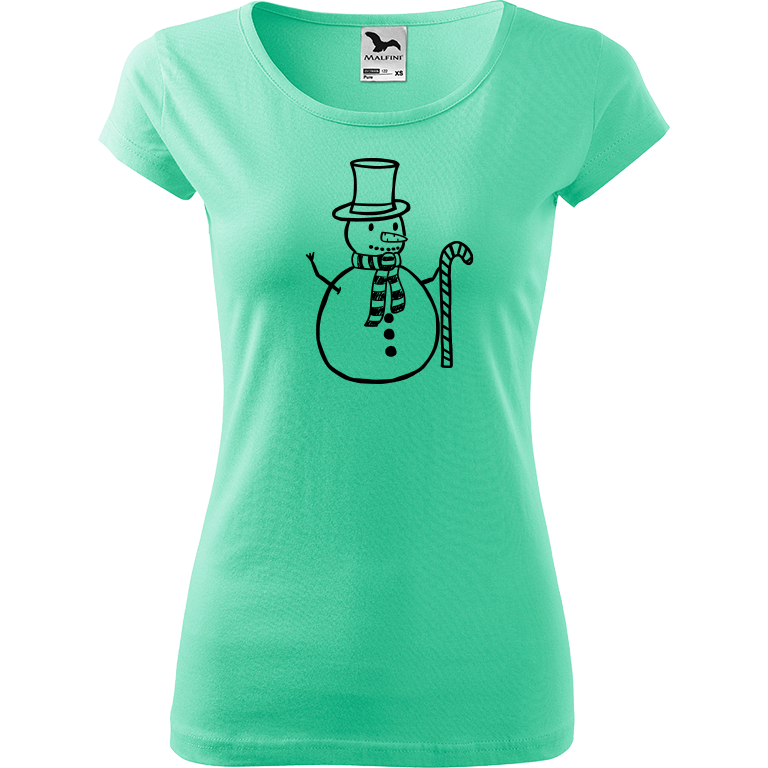 Ručně malované dámské bavlněné tričko - Sněhulák - S ozdobou Barva trička: MÁTOVÁ, Velikost trička: L, Barva motivu: ČERNÁ