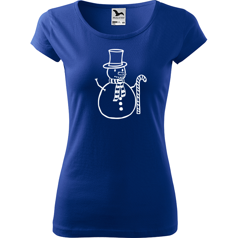 Ručně malované dámské bavlněné tričko - Sněhulák - S ozdobou Barva trička: MODRÁ, Velikost trička: XS, Barva motivu: BÍLÁ