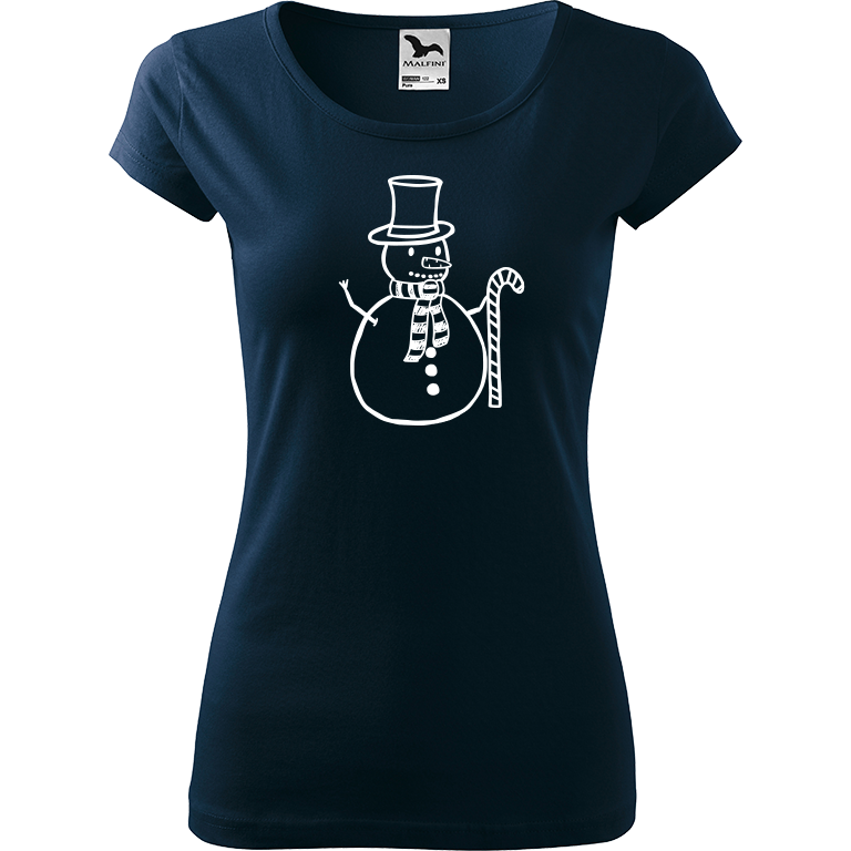 Ručně malované dámské bavlněné tričko - Sněhulák - S ozdobou Barva trička: NÁMOŘNICKÁ MODRÁ, Velikost trička: XL, Barva motivu: BÍLÁ