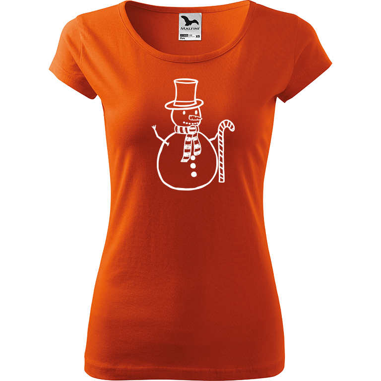 Ručně malované dámské bavlněné tričko - Sněhulák - S ozdobou Barva trička: ORANŽOVÁ, Velikost trička: S, Barva motivu: BÍLÁ