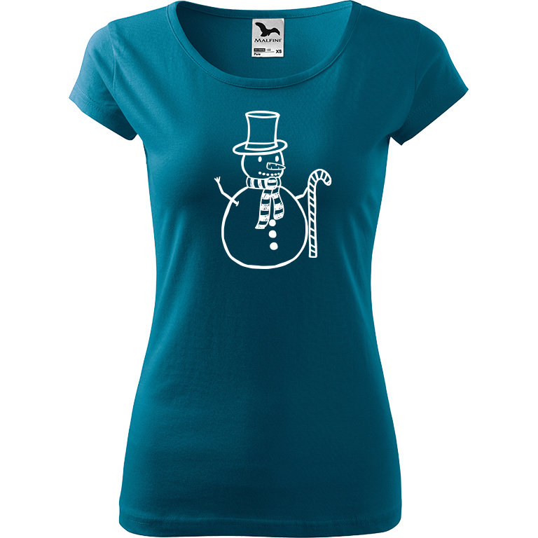 Ručně malované dámské bavlněné tričko - Sněhulák - S ozdobou Barva trička: PETROLEJOVÁ, Velikost trička: M, Barva motivu: BÍLÁ