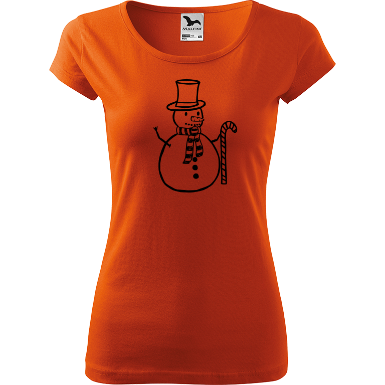 Ručně malované dámské bavlněné tričko - Sněhulák - S ozdobou Barva trička: ORANŽOVÁ, Velikost trička: M, Barva motivu: ČERNÁ
