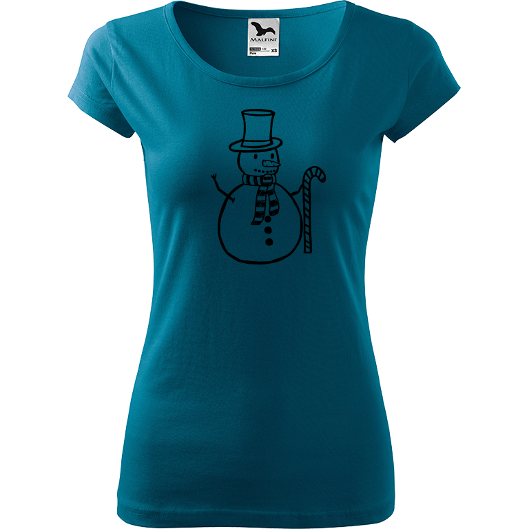 Ručně malované dámské bavlněné tričko - Sněhulák - S ozdobou Barva trička: PETROLEJOVÁ, Velikost trička: M, Barva motivu: ČERNÁ